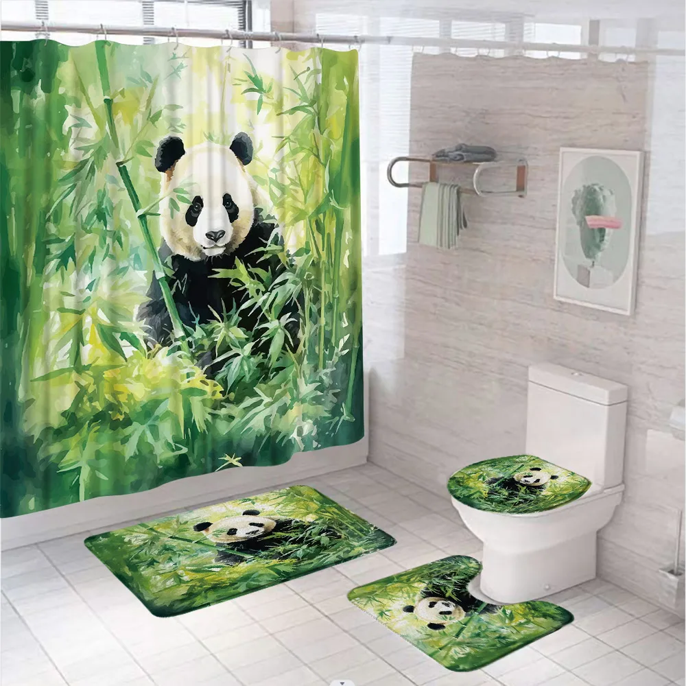 Bamboo Bath Mat - 4Pc Watercolor Green Bamboo Shower Curtain