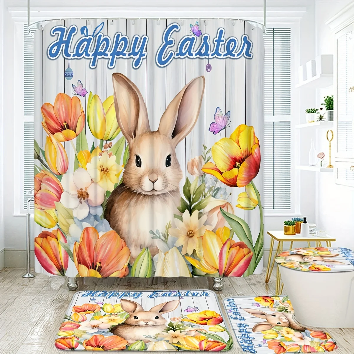 Bamboo Bath Mat - 4pcs Cute Rabbit Easter Pattern Shower